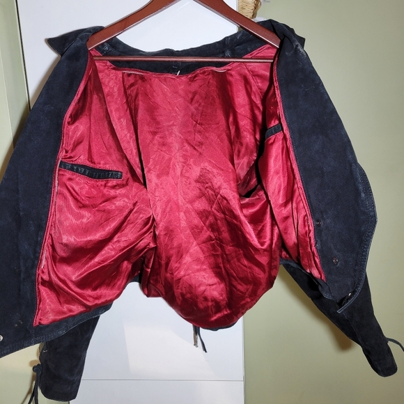 Vintage 80s fringe suede leather crop moto jacket black small medium - Picture 8 of 16